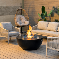 Table de foyer ronde moderne de 100 cm, foyer au bioéthanol, verre bleu, pare-vent en verre, acier noir mat, foyer extérieur pour patio, jardin
