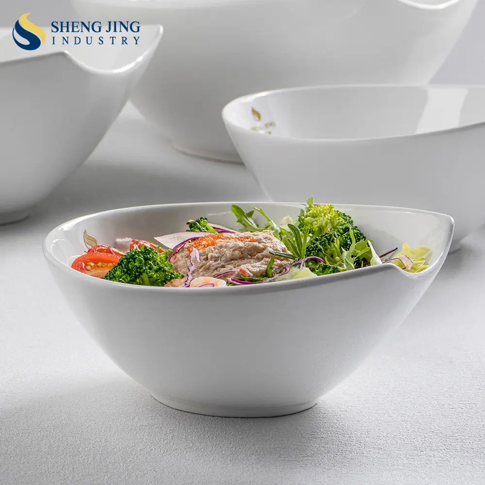 Ceramica bianca Logo personalizzato insalata di frutta porcellana ciotola da portata Saladiers En Porcelaine per Catering ristorante Hotel