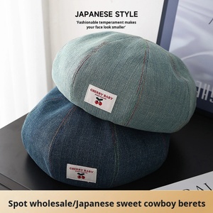 หมวกเบเรต์ทรงแปดเหลี่ยมผ้าเดนิมสไตล์ญี่ปุ่นลายเชอร์รี่อเนกประสงค์สำหรับใส่ในสไตล์ลำลองแบบนักศึกษา - Product Image 3