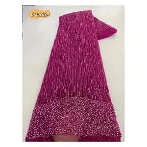 Top-quality fuchsia embroidery lace with heavy beads and sequins 3d flower pearls fabrics for European style dress