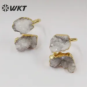 WT-R461 WKT new Material 18k real gold plated Natural white Druzy quartz Ring women fashion trendy Energy geode Agate stone Ring