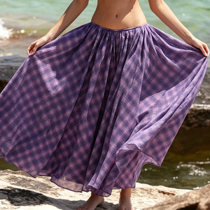 Beach Vacation Color Block Plaid Mesh Low <b>Waist</b> <b>Skirt</b> <b>Elastic</b> <b>Waist</b> Draping A Line Flared Long <b>Skirt</b> - Product Image 4