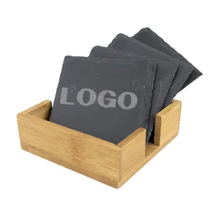 Original Edge 4" x 4" Laser Engraved Square Bulk Drink Slate Coasters Set with Bamboo Holder