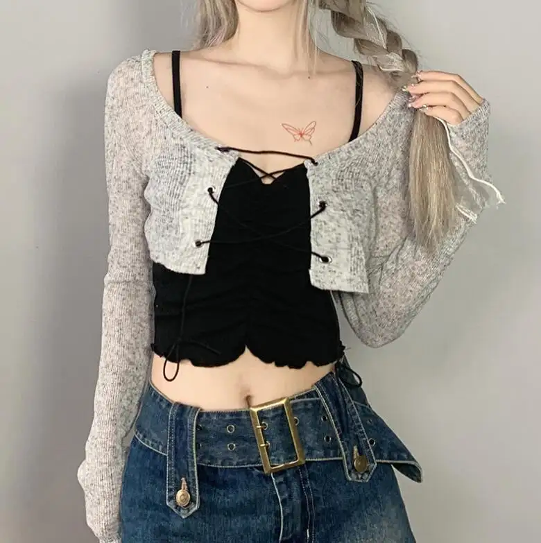 Vendite calde STOCK manica lunga Lace Up canotte due pezzi ragazze Sexy bella Crop Top