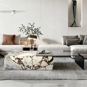 Tavolino da Caffè in Marmo Architettonico <span class=keywords><strong>Bianco</strong></span> <span class=keywords><strong>e</strong></span> <span class=keywords><strong>Grigio</strong></span>, in Pietra Naturale con Vetro, <span class=keywords><strong>Tavolo</strong></span> Centrale Basso H30 per Soggiorno di Lusso <span class=keywords><strong>e</strong></span> Villa - Product Image 2