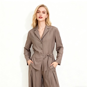 Women's Fashion Bestseller Striped Padded Shoulder Slim Waist Belt Suit Double-Pleated Pants 2-Piece <b>Set</b> Fashion - Product Image 2