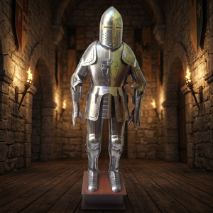 Traje Completo de Caballero Templario Medieval, Acero de Calibre 18, Acabado Plateado, Armadura Hecha a Mano, Disfraz Coleccionable de Halloween, Estilo Rústico Vintage - Product Image 3