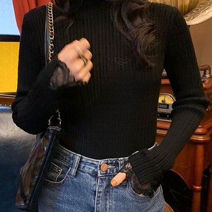 Pull en dentelle tricoté style français, taille unique, coupe ajustée, col montant, haut de gamme pour femme, automne-hiver - Product Image 4