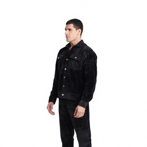 <b>Men's</b> Black <b>Velvet</b> Button Up <b>Jacket</b> Regular Fit Solid Color Casual Autumn Wear Long Sleeve Pocket Design - Product Image 4