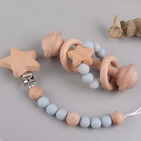 Ensemble hochet et anneau de dentition en bois de hêtre avec clip étoile gonflable et chaîne de sucette en silicone pour apaiser les nouveau-nés