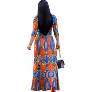 Femmes col en V 3/4 manches africain imprimé fleuri fête ample longue Maxi robe pour dame à la mode <span class=keywords><strong>Chic</strong></span> sinueuse tenues élégantes en gros - Product Image 2