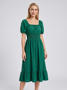 Nouvelle Robe Longue Unie Élégante Style Européen et Américain 2026 à Col Carré, Manches Lanterne, Taille Volantée et Coupe Trapèze pour Femme Grande Taille - Product Image 5