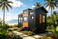 Mini-maison mobile sur remorque, revêtement en métal noir imitation bois, maison préfabriquée, caravane de voyage, bureau portable, villa à toit incliné