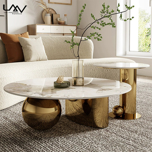 Set di Tavolini da Caffè Moderni di Lusso con Struttura in Metallo e Piano in Ardesia, Tavolino Rotondo Dorato per Hotel e Soggiorno - Product Image 1
