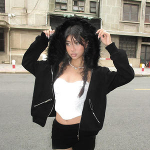 Sudadera con capucha y cremallera con cuello de piel sintética para mujer, Top informal de mezcla de algodón de ajuste holgado para Otoño e Invierno - Product Image 5