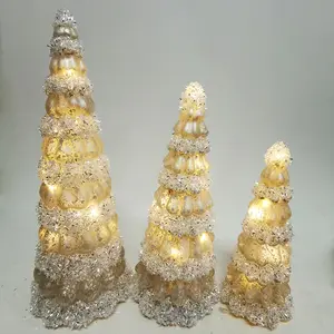 Battery operated modern tabletop lighted glitter small mercury set of 3 glass led christmas tree set decor vintage for sale