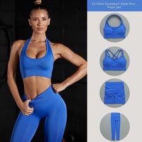 Ensemble de sport et yoga quatre pièces sans couture pour femme, col halter et décolleté en V, taille haute avec décoration en cristal, qualité supérieure