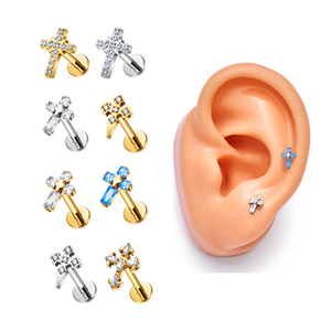 F136 titanio <span class=keywords><strong>Piercing</strong></span> oreja Studs Labret <span class=keywords><strong>labio</strong></span> 16G forma de cruz Pierc circón incrustaciones pendientes cristianos espalda plana joyería religiosa - Product Image 1