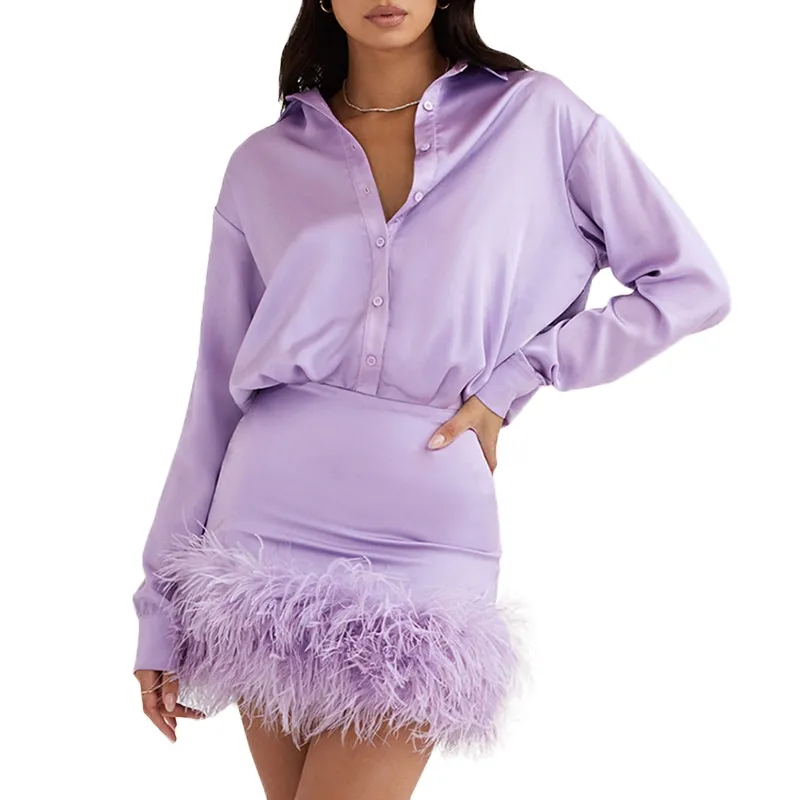 Hip Dress 2022 Fall New Fashion Long Sleeve Solid Color Satin Feather Shirt Dress