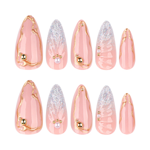 3876 <span class=keywords><strong>Uñas</strong></span> Postizas <span class=keywords><strong>Rosa</strong></span> y Doradas con Diseño de Alas en 3D, <span class=keywords><strong>Uñas</strong></span> Postizas de Almendra, <span class=keywords><strong>Uñas</strong></span> Artificiales, Personalización OEM ODM - Product Image 5
