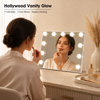 Miroir de maquillage éclairé en bois blanc avec lumières, 37 cm, angle réglable, 3 modes de couleur, variateur d'intensité, capteur tactile