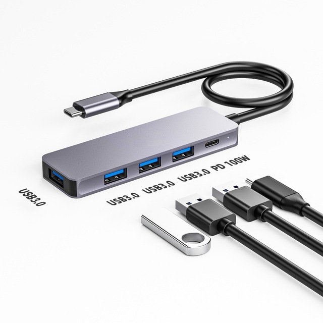 Aluminum Hub Usb 3.0 4 Portas Type C Hub 4-Port with PD 100W Ultra-Slim Super Speed Data 5 in 1 USB 3.0 Hub