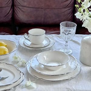 Bộ đồ ăn sứ trắng cao cấp khách sạn, họa tiết hoa nổi, men trắng, viền bạc - Product Image 6