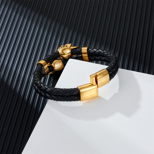 Bracciale europeo americano da uomo in acciaio inossidabile con teschio personalizzato in pelle di primo strato in pelle intrecciata con <span class=keywords><strong>pietra</strong></span> principale diamantata - Product Image 3