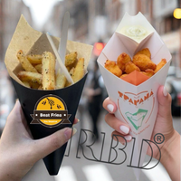 Emballages personnalisés pour chips, cornets à chips, cornets à gaufres, boîtes à crêpes, boîtes à frites, cornets en papier avec coupelle à sauce, supports à churros