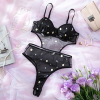 Ensemble de lingerie sexy en dentelle noire à motif de marguerite, corset ultra fin pour femmes, soutien-gorge à effet push-up, vêtements exotiques pour femmes