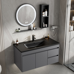 <span class=keywords><strong>Meuble</strong></span>-<span class=keywords><strong>lavabo</strong></span> mural pour projet hôtelier, en aluminium étanche, avec vasque noire, miroir LED rond et unité latérale - Product Image 1