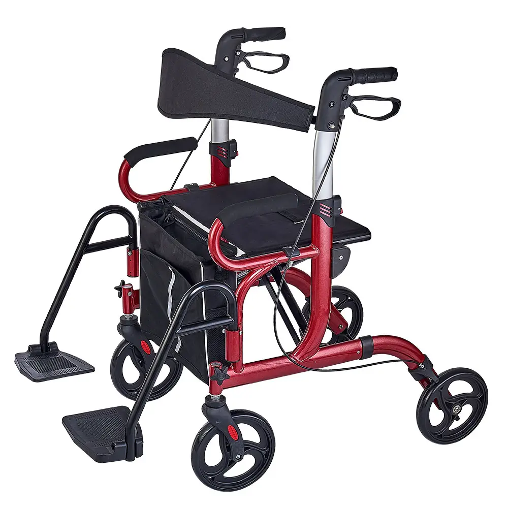 Deambulatore Rollator 2 in 1 e sedia da trasporto mobile Mobility Walking Aid con poggiapiedi staccabili sedia a rotelle pieghevole