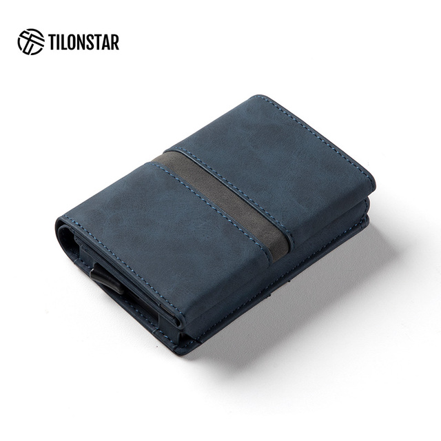 TILONSTAR TVC125 Custom Slim Card Case Rfid Leather Aluminum Pop up Card Holder Wallet for Gift