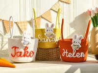 Kaiyue Panier de Pâques personnalisable Seau de lapin en peluche personnalisé Nom brodé Cadeaux de Pâques tricotés à la main purs pour