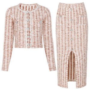 Elegante Completo da Donna di Alta Classe, Giacca Corta in Tweed a Maniche Lunghe con Gonna a Spacco, Set Due Pezzi - Product Image 3