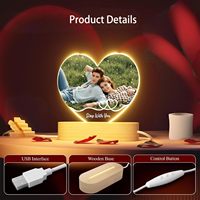 Veilleuse LED personnalisée en forme de cœur avec photo, intensité réglable, base en bois USB, pour couple, cadeau de Saint-Valentin, décoration en gros