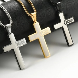 Colliers pendentifs croix Jésus chrétienne pour femmes et hommes, en acier inoxydable, couleur argent, or, noir, amulette porte-bonheur catholique, bijoux de prière - Product Image 1