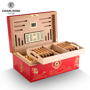 กล่องซิการ์ไม้ซีดาร์ล็อคลายนิ้วมือพร้อมไฟ LED กล่องของขวัญซิการ์มังกรแดงทอง - Product Image 1