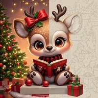 Kit de Peinture par Numéros Mignon Renne de Noël Lisant un Livre Peinture Acrylique DIY sur Toile pour Adultes Débutants 16x16 Pouces