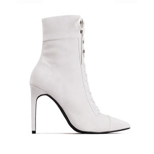 עור אמיתי עליון לשרוך את רוכסן הבוהן מחודדת יפה 7 cm דק העקב גבוה גומי נשים אופנה זול לבן מגפיים גותי - Product Image 6