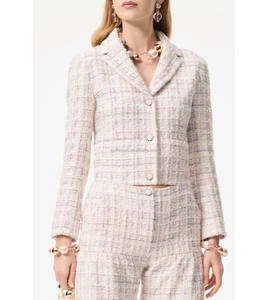 Conjunto de Pantalones y Chaqueta Corta de Tweed de Algodón para Mujer, Estilo Pasarela, Color Rosa y Blanco, Trajes de Tweed de Lana - Product Image 4