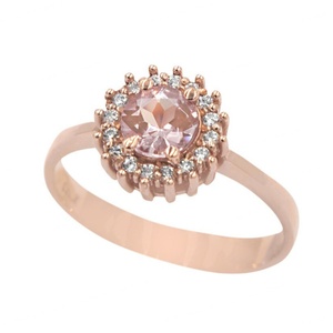 Bague de fiançailles en or rose 14 carats avec halo de diamants et morganite rose taille ronde, best-seller - Product Image 1