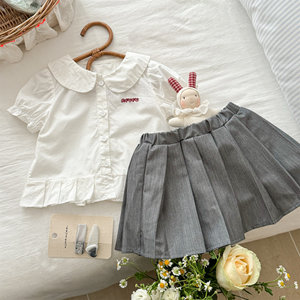 Girls School Style Summer Short Sleeve Shirt And Skirt Set Breathable Thin Fabric For Kids - Product Image 1