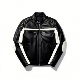 Chaqueta de Motociclista Personalizada para Hombre, de Cuero Vacuno Genuino, Estilo Racing en Blanco y Negro, con Cierre YKK - Product Image 1