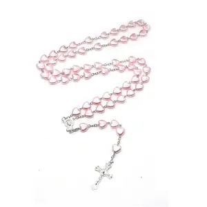 Vente en gros de bijoux en forme de coeur rose pour religion, collier de perles de prière catholique, chapelet musulman de maire