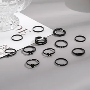 Groothandel Mix Sieraden Accessoires Kit Vrouwen Cluster Ketting Vlinder Multi-Vorm Legering Set Zwarte Ring 12 Stuk Ringen