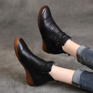 Nouvelles Bottines à Lacets en Cuir Véritable Style Ethnique Rétro Automne Hiver, Plateforme, Semelle Souple, Talon Compensé - Product Image 4