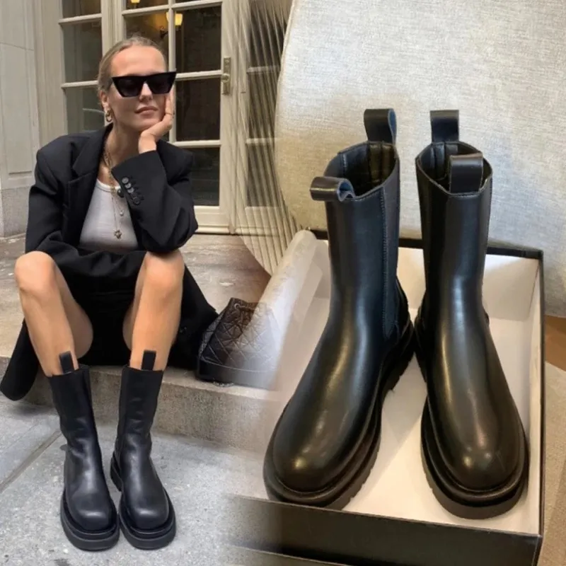 Luxe Chelsea Vrouwen Platform Dames Chunky Winter Schoenen Korte Enkellaarsjes Dikke Hak Designer Lederen Laarzen