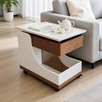 Table de salon moderne en bois massif avec plateau en pierre frittée, tiroir de rangement, style chinois artisanal, pivotante, réglable en hauteur