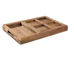 Factory Wholesale Multipurpose Decorativeset Of 7 Rustic Solid Wood Serving Trays With Handle